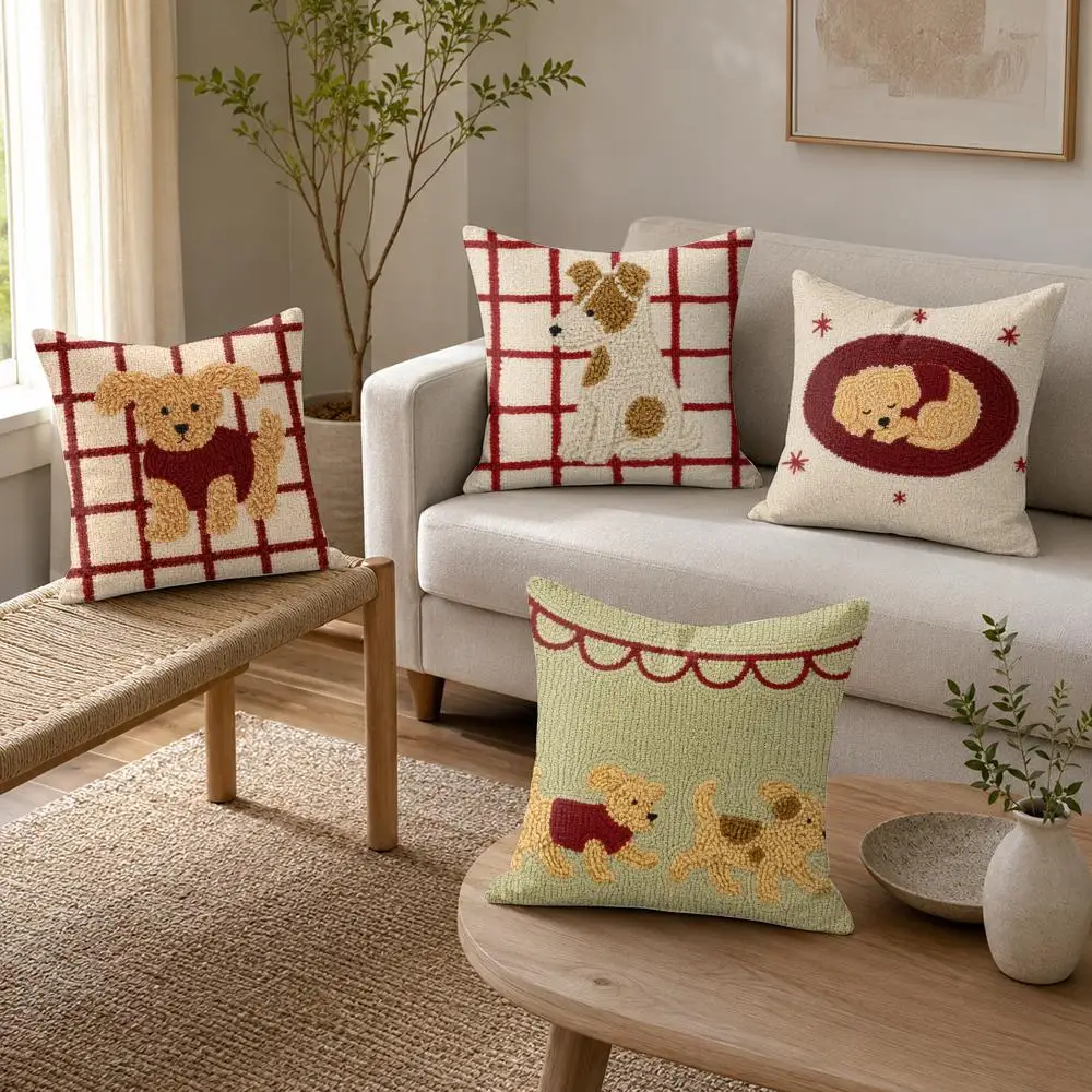 Red Gingham Dogs Cushion Cover Organic Linen Throw Pillow Cover - Double-Sided Print Breathable Cushion Case Home Decor