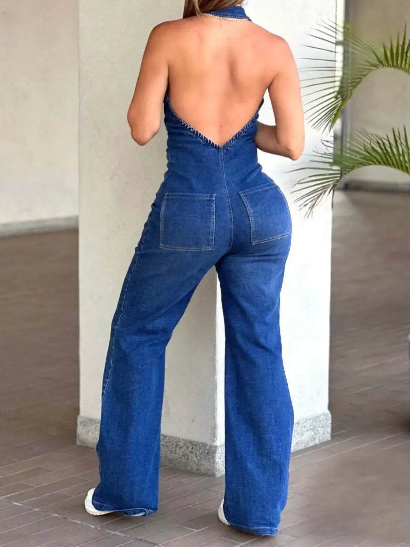 Women Jumpsuit Summer Sexy Slim-Fit Sleeveless Backless Elastic Denim Halter Jumpsuit Casual High Waist Wide Legs Jeans Romper