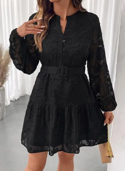 

New Long Sleeve Elegant Jacquard Dress In Spring and Autumn 2025 Temperament Commuting Women's Fashion Sweet A-Line Dresses