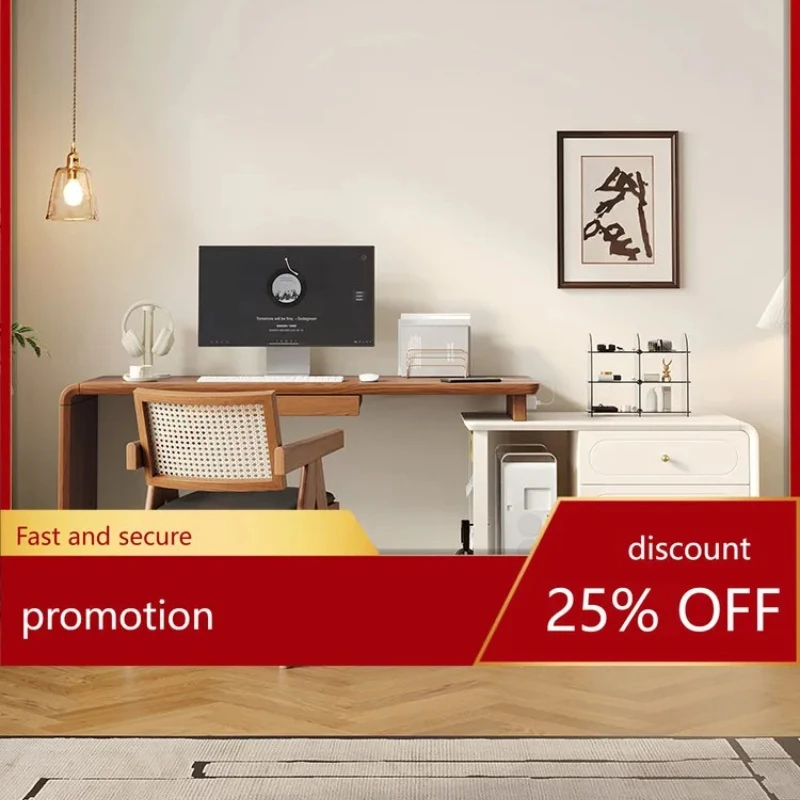 Two-tone Home Corner Computer Desk, Extendable and  , Small Apartment Solid Wood Desk with Storage Cabinet and Main Unit