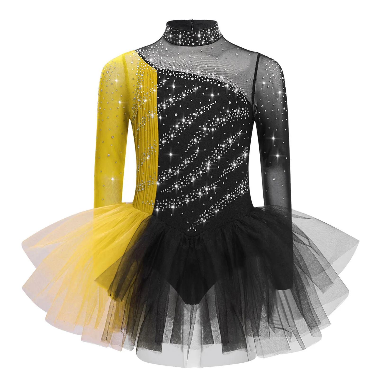 

Kids Girls Ballet Figure Skating Dance Dress Long Sleeves Sparkly Rhinestones Color Block Leotard Dress for Stage Performance