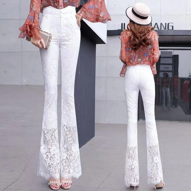 2024 Spodnie letnie Kobiety Nowa moda Puste koronkowe duże spodnie Damskie spodnie z wysokim stanem Slim Casual Pants Ladies White Trousers Pants