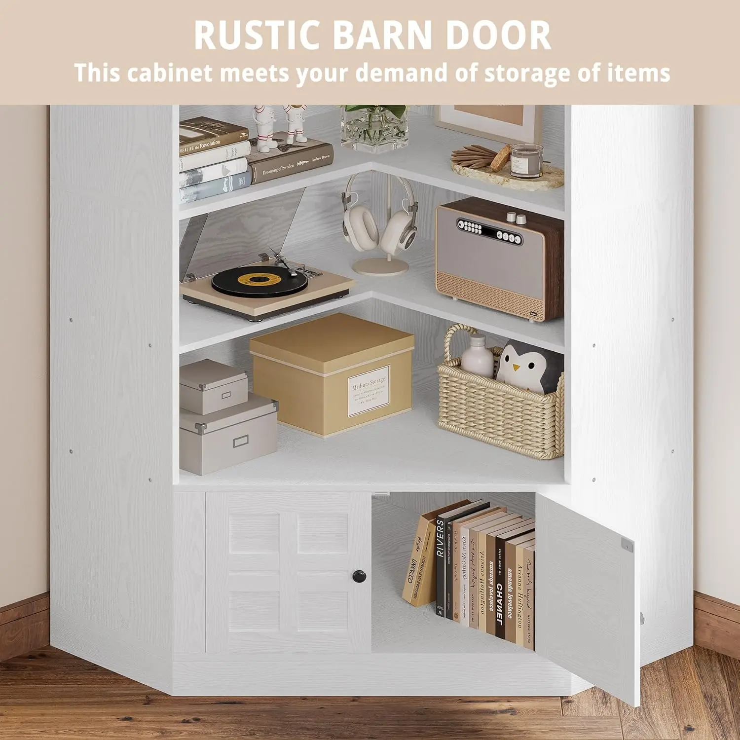 رف كتب زاوية مقاس 81 بوصة من IRONCK مع باب، أرفف كتب من 6 طبقات مع رف تخزين، خزانة كتب طويلة لغرفة المعيشة، مكتب، أبيض