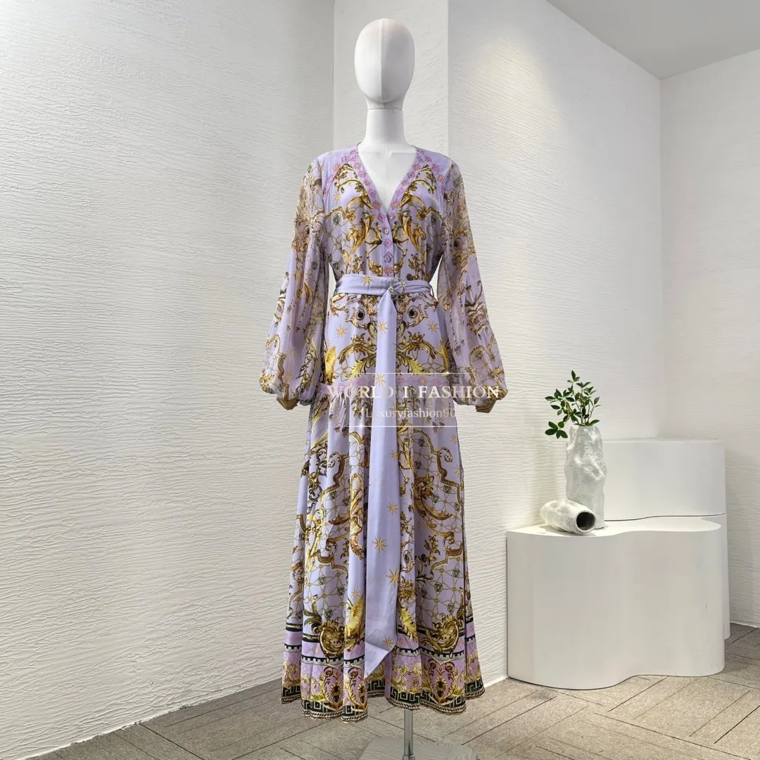 

High Quality Violet Floral Print Long Sleeve Pleat Maxi Dress