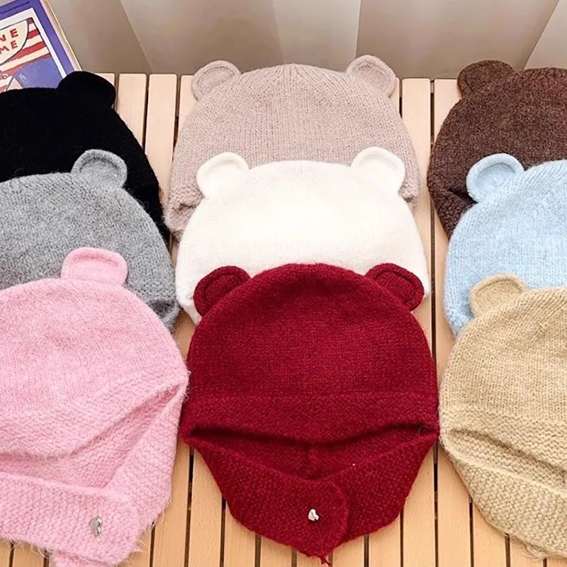 หมวกบีนนี่ถักลายหูหมีน่ารัก สไตล์ Y2K สำหรับฤดูใบไม้ร่วงและฤดูหนาว แฟชั่นสำหรับการเดินทาง อเนกประสงค์ ป้องกันความหนาวเย็น ปิดหูได้ หมวกบาลาคลาวาสำหรับผู้หญิง