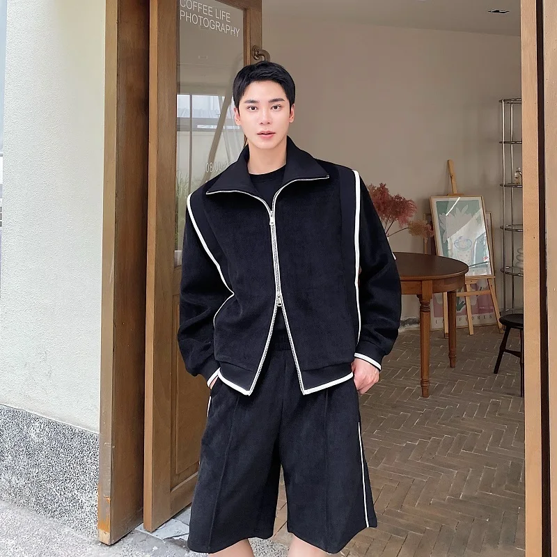 2024 Autumn Men's Two-piece Stand Collar Solid Color Jacket Straight Wide Leg Loose Male Shorts Korean Style