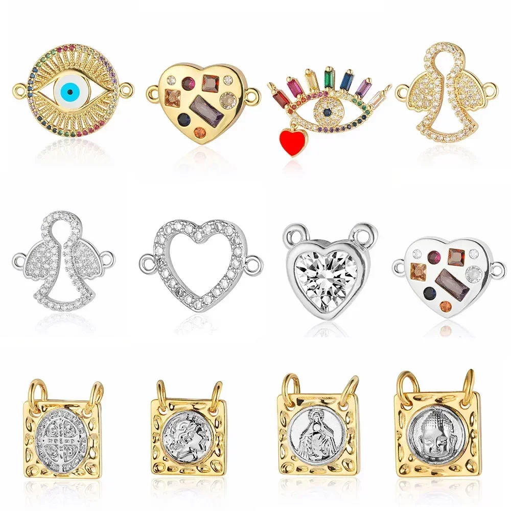 

3pcs/Lot Heart Angel Eye Crown Brass Cubic Zricon Connector Goddess French Man Head Charm Bracelet Making DIY Jewelry