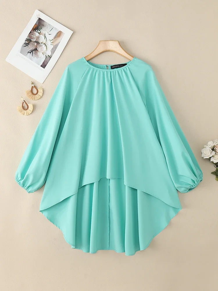 เสื้อผู้หญิง ZANZEA ทรงยาวแบบไม่สมมาตร แขนยาวทรงโคมไฟ สีพื้น สำหรับฤดูใบไม้ร่วง แฟชั่นลำลอง สไตล์หรูหรา เหมาะสำหรับใส่ทำงาน แต่งระบาย ปี 2025