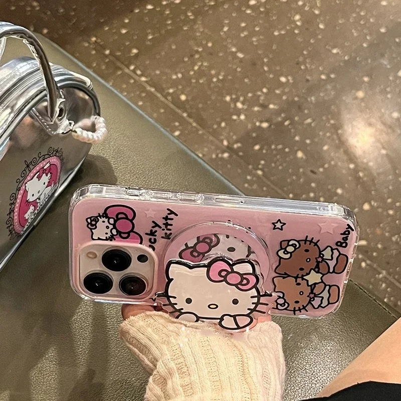Pink Cartoon Cute Hello Kitty Bow KT Magsafe Wireless Charge Phone Case For iPhone 16 15 14 13 12 Pro Max Kitty Magnetic Holder