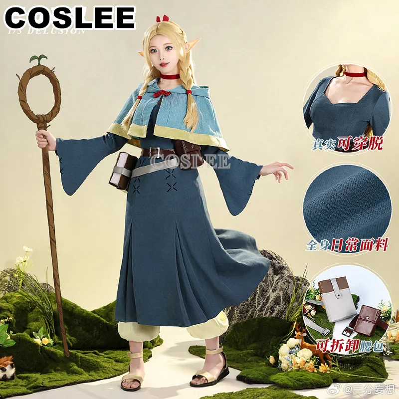 COSLEE Marcille Donato Cosplay Anime Delicious in Dungeon Costume Cloak Dress Pants Wigs Uniform Halloween Party Outfit Women