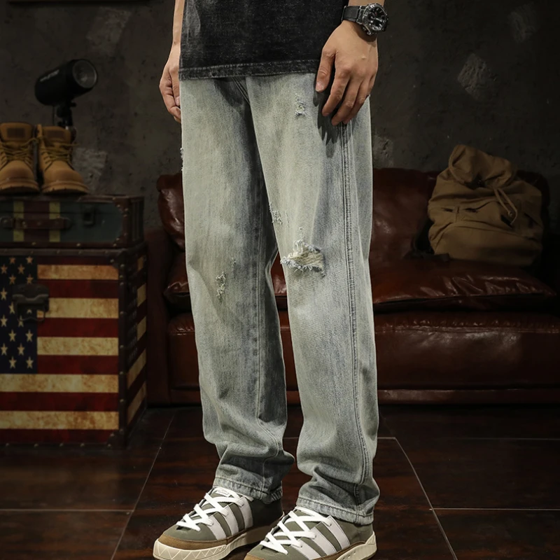 

American yellow mud trend loose retro men's jeans men spring and autumn new all-in-one straight leg casual long pants