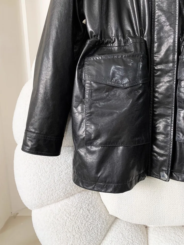 Kurtka damska retro z woskowanej skóry bydlęcej z wyjmowanym wkładem z puchu gęsiego, gruby płaszcz zimowy, ciepła, z prawdziwej skóry, średniej długości odzież wierzchnia.