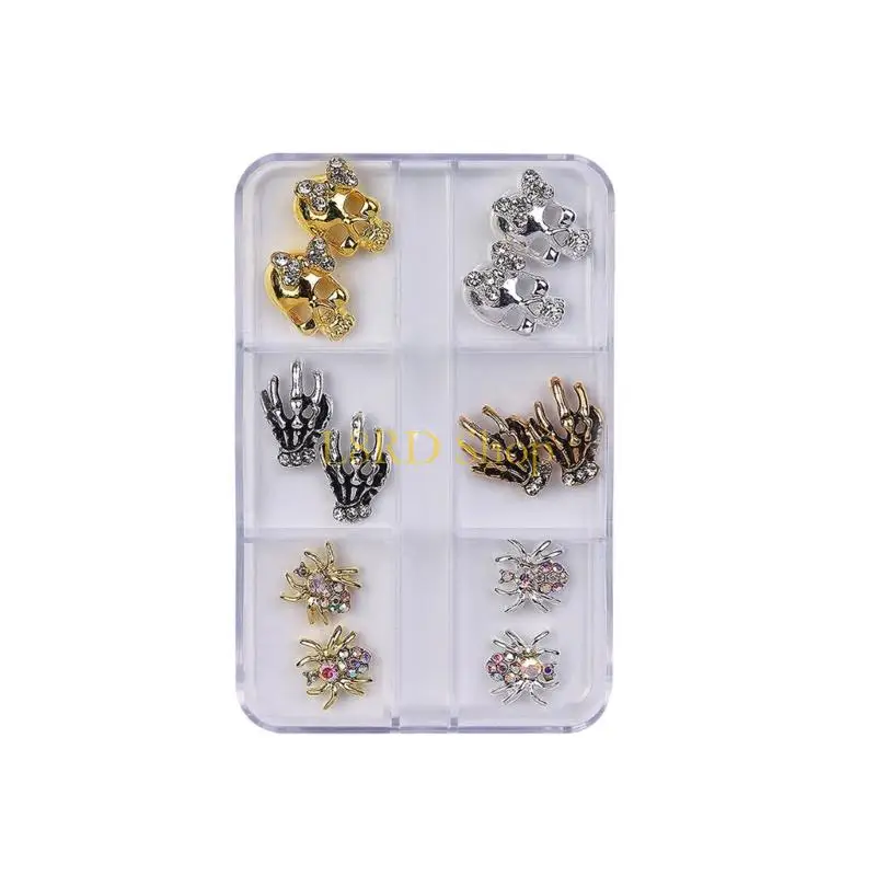 L8RD 두개골 네일 아트 매력 유령 스켈레톤 펑크 핸드 네일리노이 스톤즈 3D 네일 장식