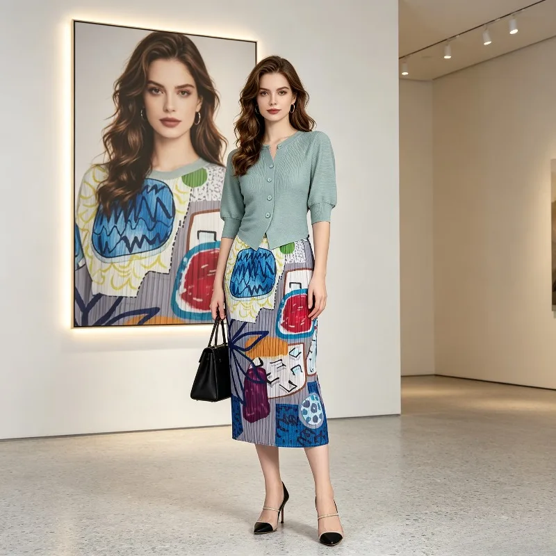 Miyake Pleated 2026 New Summer Skirt Women's Mid-Length Skirt with Design Sense Graffiti Print High Waist Loose Straight Skirt