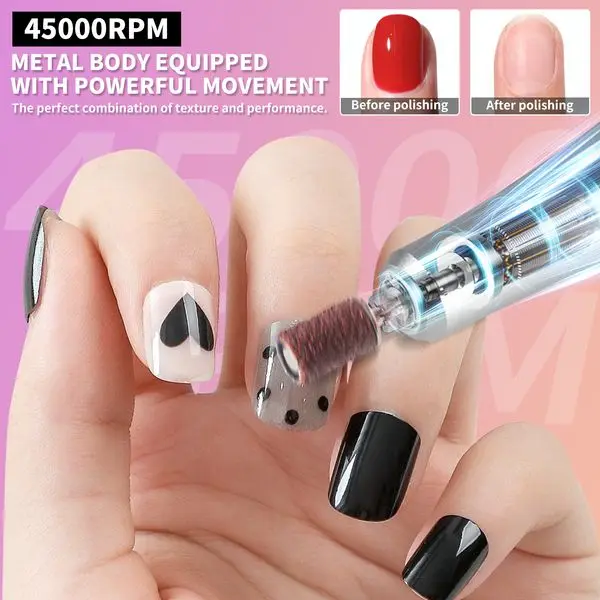 Portable Nail Drill 45000RPM Rechargeable E-File with Bits for Acrylic Gel Nails