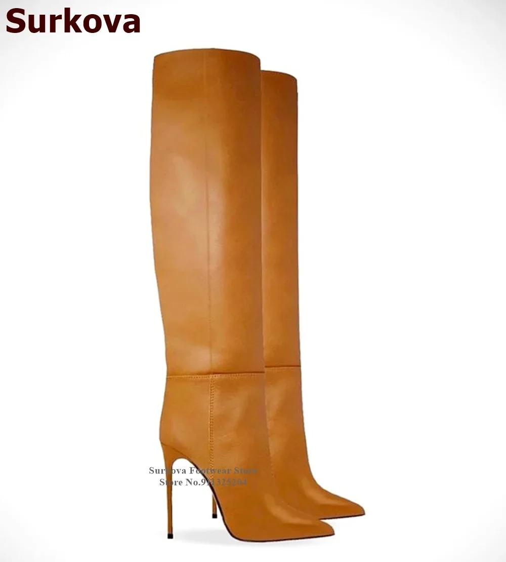 Surkova Black Matte Leather Slim Fit Knee High Boots Women Stiletto Heel Pointy Toe Dress Shoes Fall Winter Outdoor Coat Boots