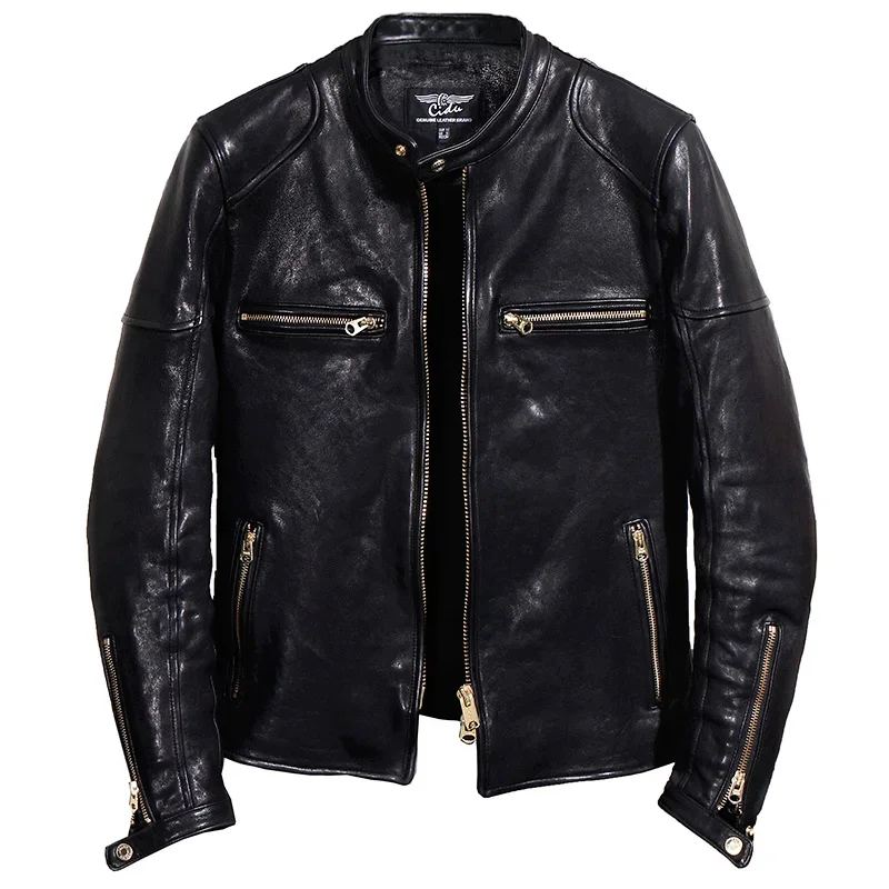 SHop Best.Biker Quality quality Italy oil tanned leather jacket.black thick luxury sheepskin coat.vintage slim clothes