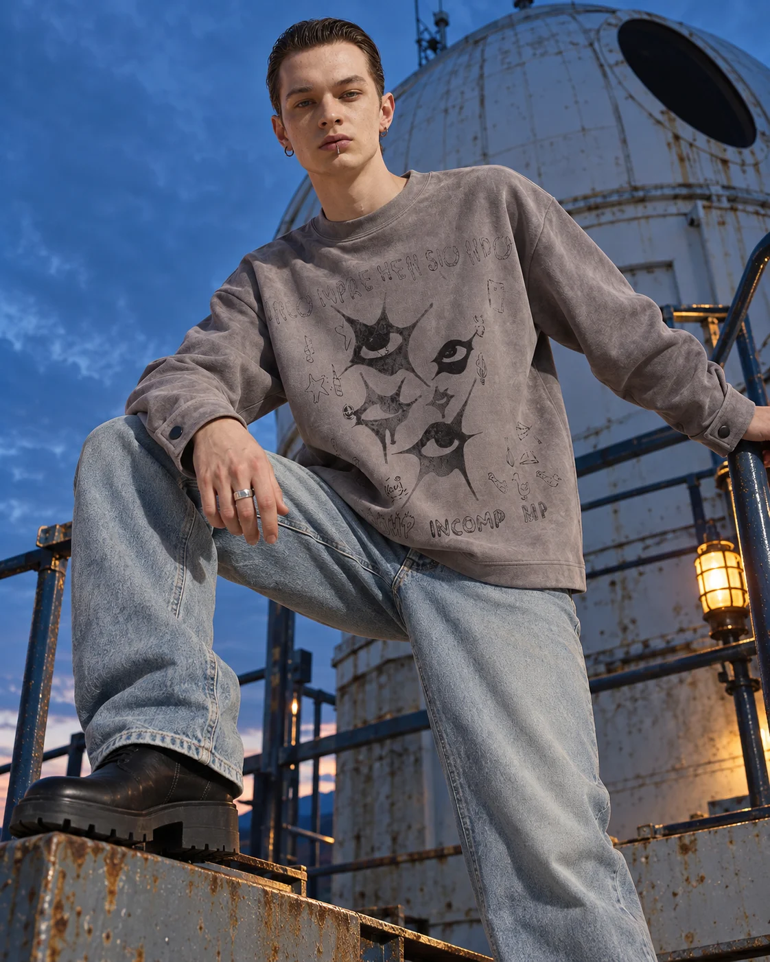MAZZONNE Men's Washed Graphic Sweatshirt, Purple Crew Neck Long Sleeve Snap Cuff Streetwear Pullover H
