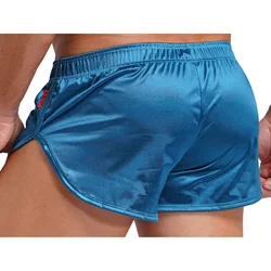 Pantalones cortos de baño de satén con abertura lateral para hombre, calzoncillos tipo bóxer con bolsa para bulto incorporado, bañadores, pantalones de pijama, ropa de descanso para el hogar