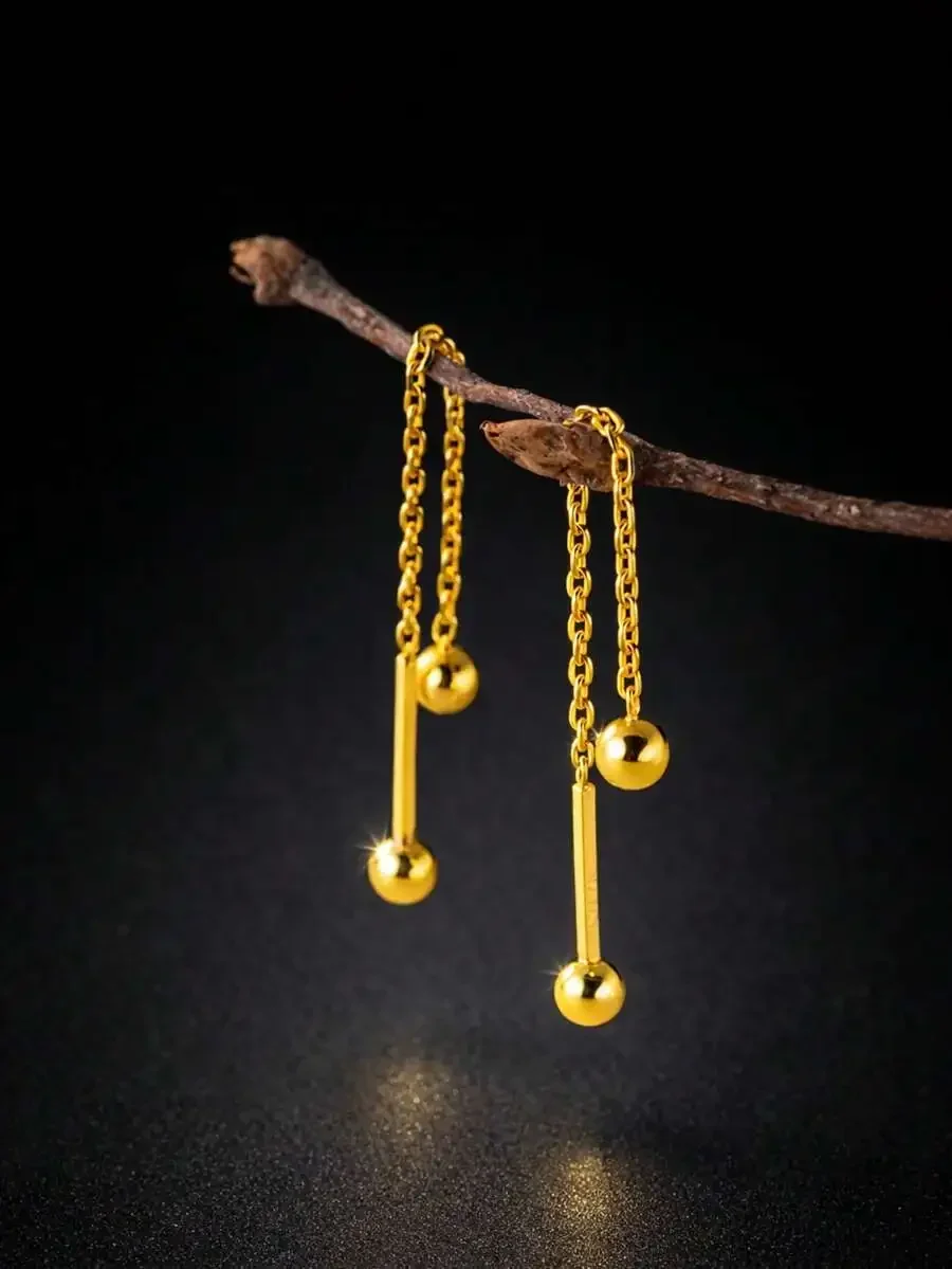 

S925 Sterling Silver Long Dangle Navel Piercing Featuring Dual Polished Golden Spheres And Chain For Women