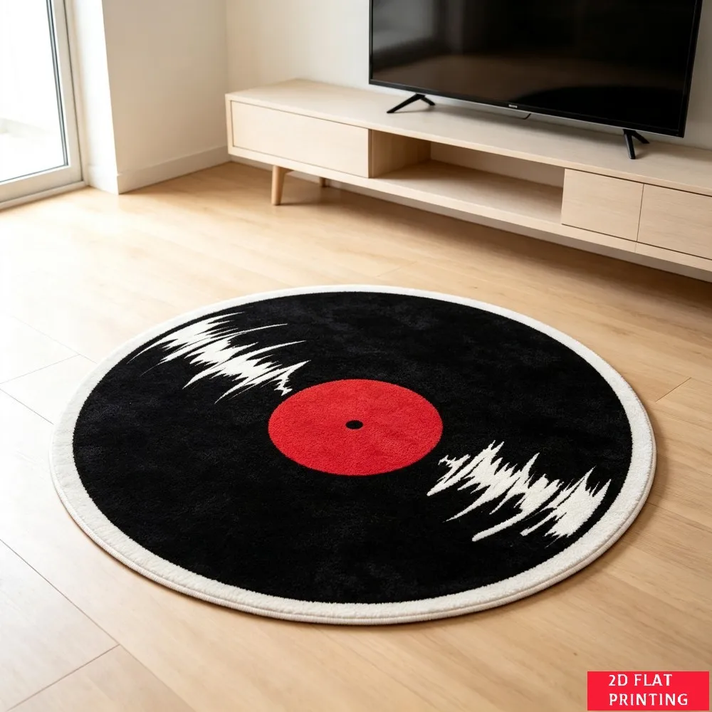 Vinyl Record Red Label Soundwave Graphic Round Carpet For Music Lover Space With Black White Dynamic Printed Carpet Theme