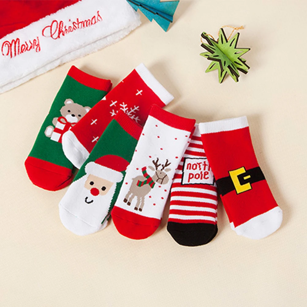 

6 Pcs Winter Stockings Cute Cartoon Unisex Socks Kids Christmas Festival Toddler Middle Cotton No Shrinkage Non Slip Thick Soft