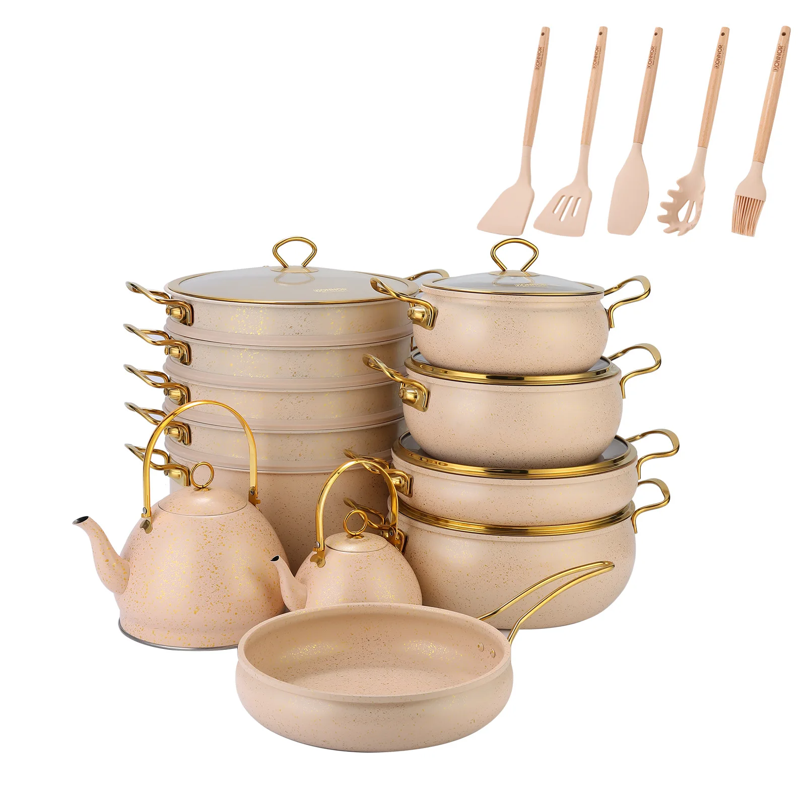 Premium Vintage 24PCS Granite Kitchenware Set 20-30CM Soup Pan Rose Gold Accent  Housewarming Gift Distribution Market