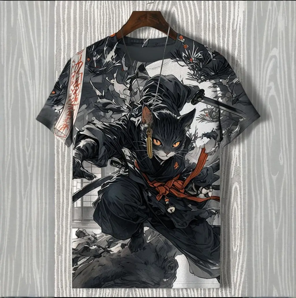 

Fashion Swordsman Cat O-Neck T-shirts Men Short Sleeve Casual Stylish T shirts Japanese Style Comfortable Tee For Men