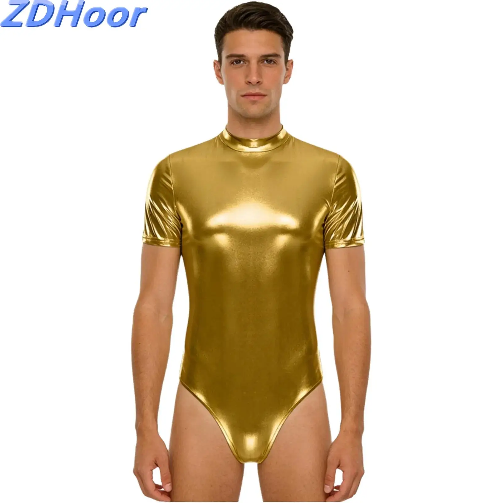 

Men Metallic Shiny Bodysuit Back Hidden Zipper Short Sleeve Mock Neck Bodycon Leotard for Nightclub Jazz Dance Raves Party