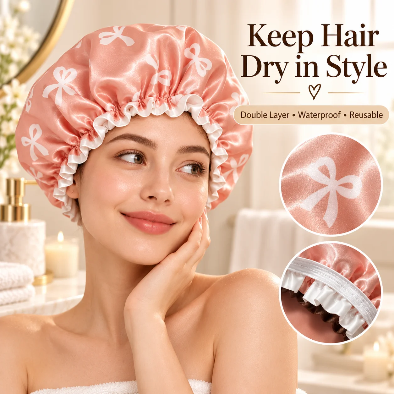 Double Layer Waterproof Shower Cap for Women Satin Bow Print Reusable Bath Hair Cap Elastic Hair Protection Spa Bathing Cap