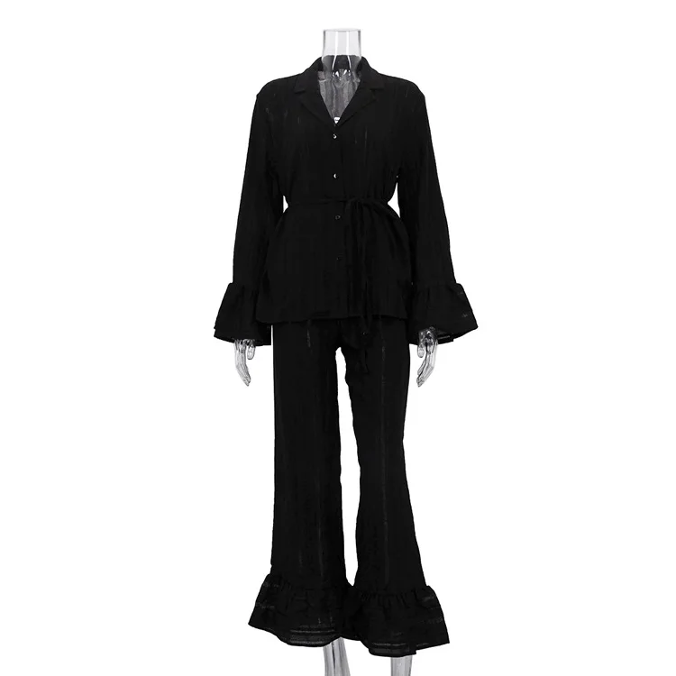 New Ruffle Edge Lace-up Shirt and Trousers Two-piece Set Cotton Lapel Long-sleeved Casual Suit Women