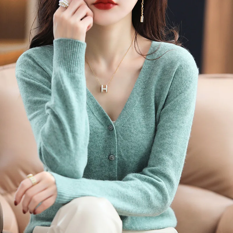 Women's Knitted V-Neck Cardigan Jacket Spring Autumn Outerwear Short plus Size Sweater Shawl Single Piece Bright Thread