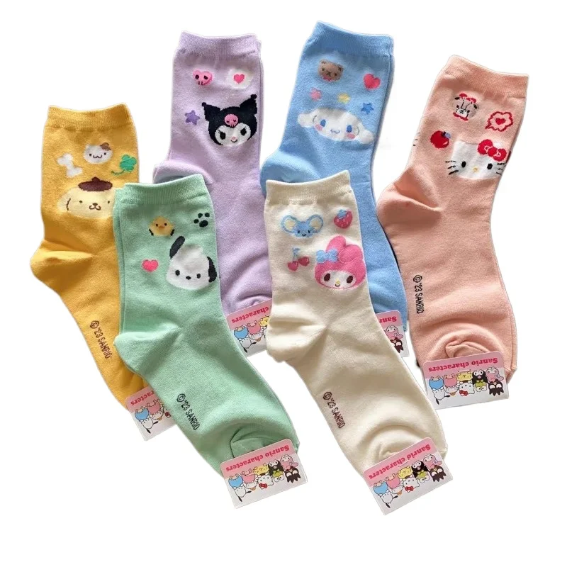 

5Pcs/set Sanrio Female Cotton Socks Cartoon Cinnamoroll My Melody Kuromi Girls Socks Student Mid-tube Non-slip Socks Girl Gift