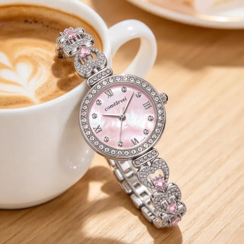 Heart Rhinestone Bracelet Women Quartz Watch, Round Bezel Paved Crystals, Imitation Mother of Pearl Dial, Elegant Sparkly Ladies