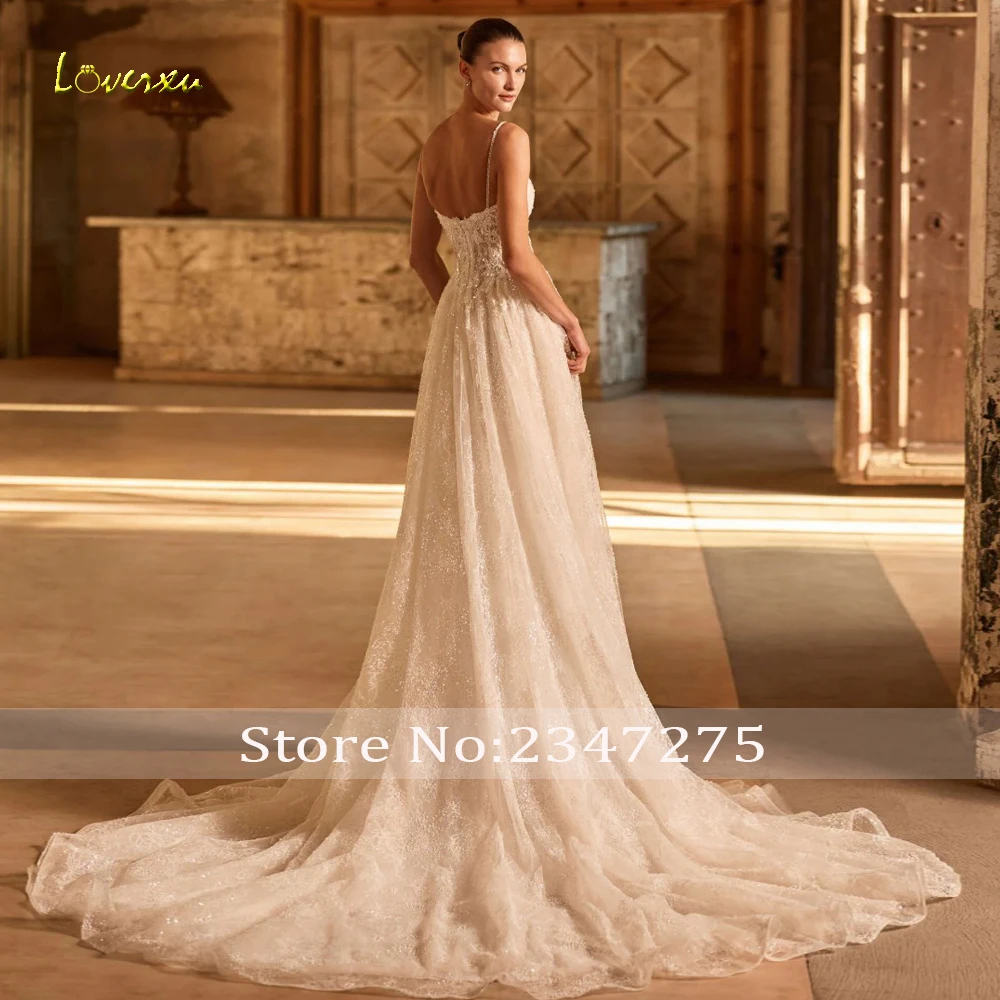 Loverxu A-Line Luxury Wedding Dresses Spaghetti Strap Vestido De Novia Lace Embroidery Glitter Graceful Custom Made Bridal Gown