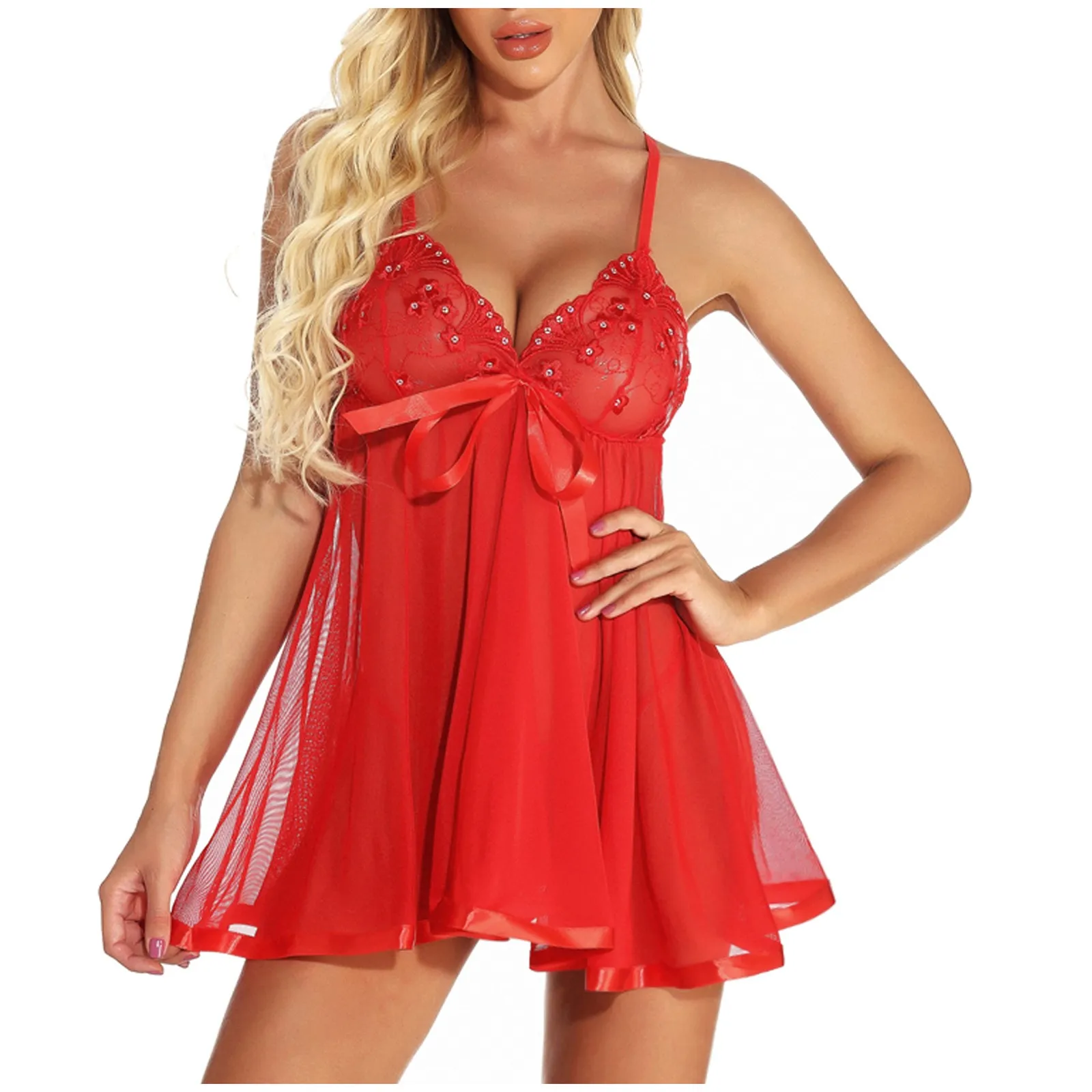 

Sexy Mesh Transparent Babydoll Floral Embroidery Rhinestone Lingerie Nightdress Deep V-Neck Bowknot Patchwork Sleepwear Pajamas