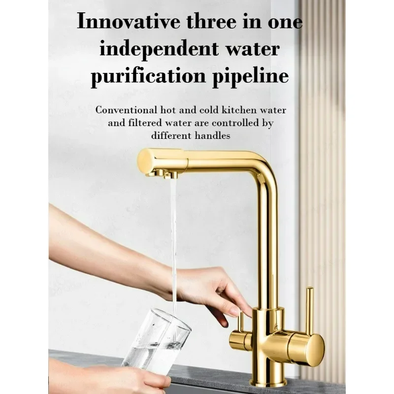 Gold Luxury Kitchen Faucet Tap Hot Cold Water Filter Brass Purifier Vessel Sink Mixer for Kitchen