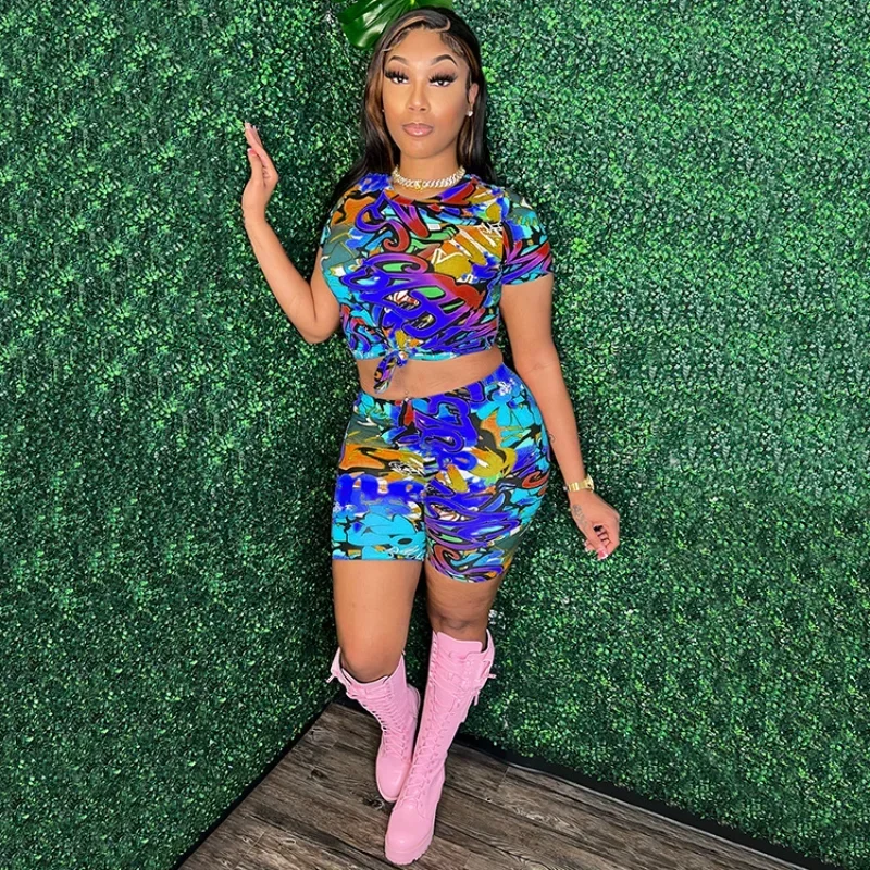 

KEXU Graffiti Printed Women's Set Short Sleeve T-Shirt and Shorts Suit Summer Two 2 Piece Set Outfits Casual Tracksuit