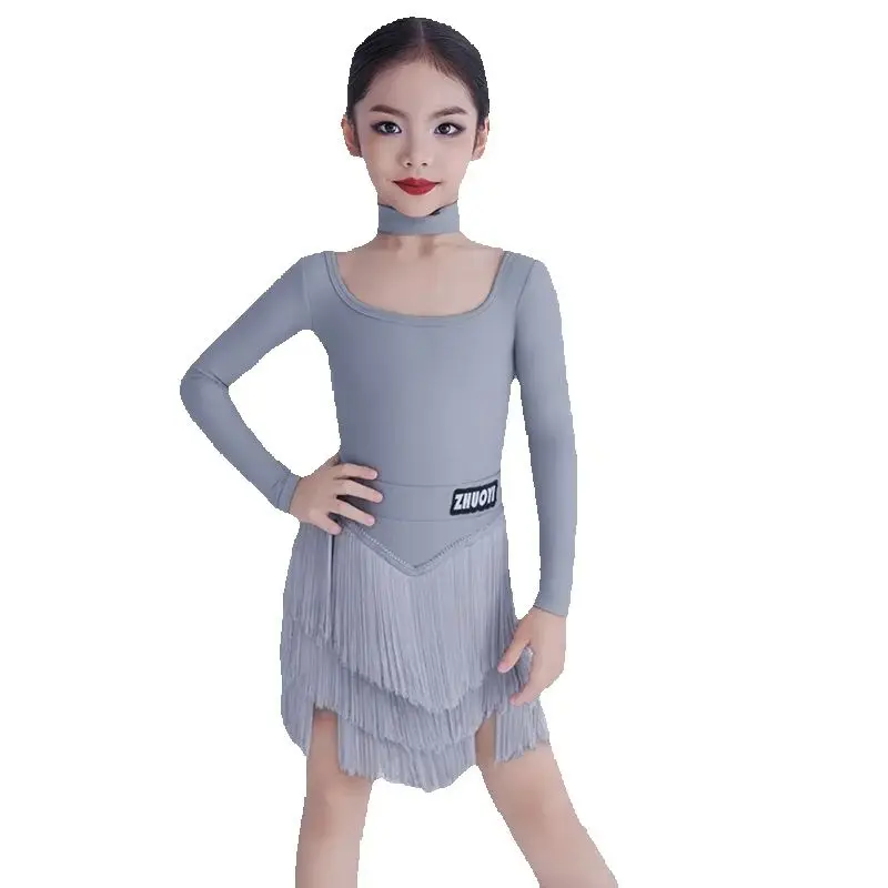 Meninas mangas compridas dança latina franjas vestido ternos crianças roupas de dança profissional desempenho dança wear sl14346