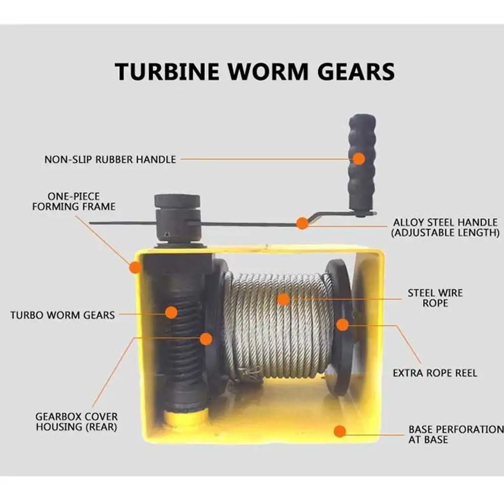 Verricello manuale da 500 kg Turbo Worm Sollevatore manuale pesante autobloccante a due vie con freno Corda da 20-35 metri