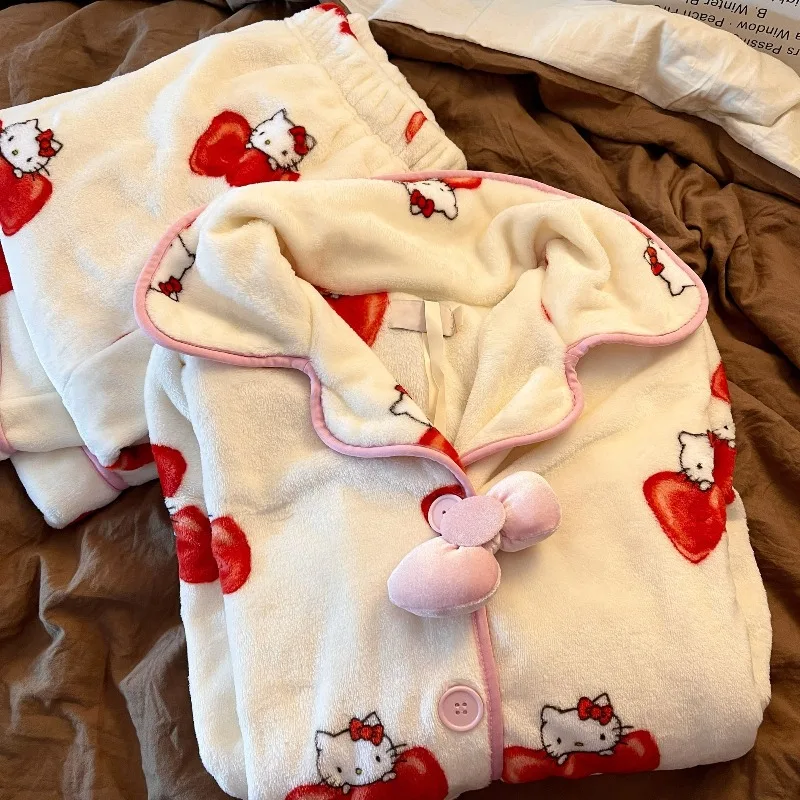 Moda Casual Able Semplice Dolce Carino Hello Kitty Pigiama di flanella Cartoon Girl Caldo e confortevole Set da indossare per la casa Autunno e inverno
