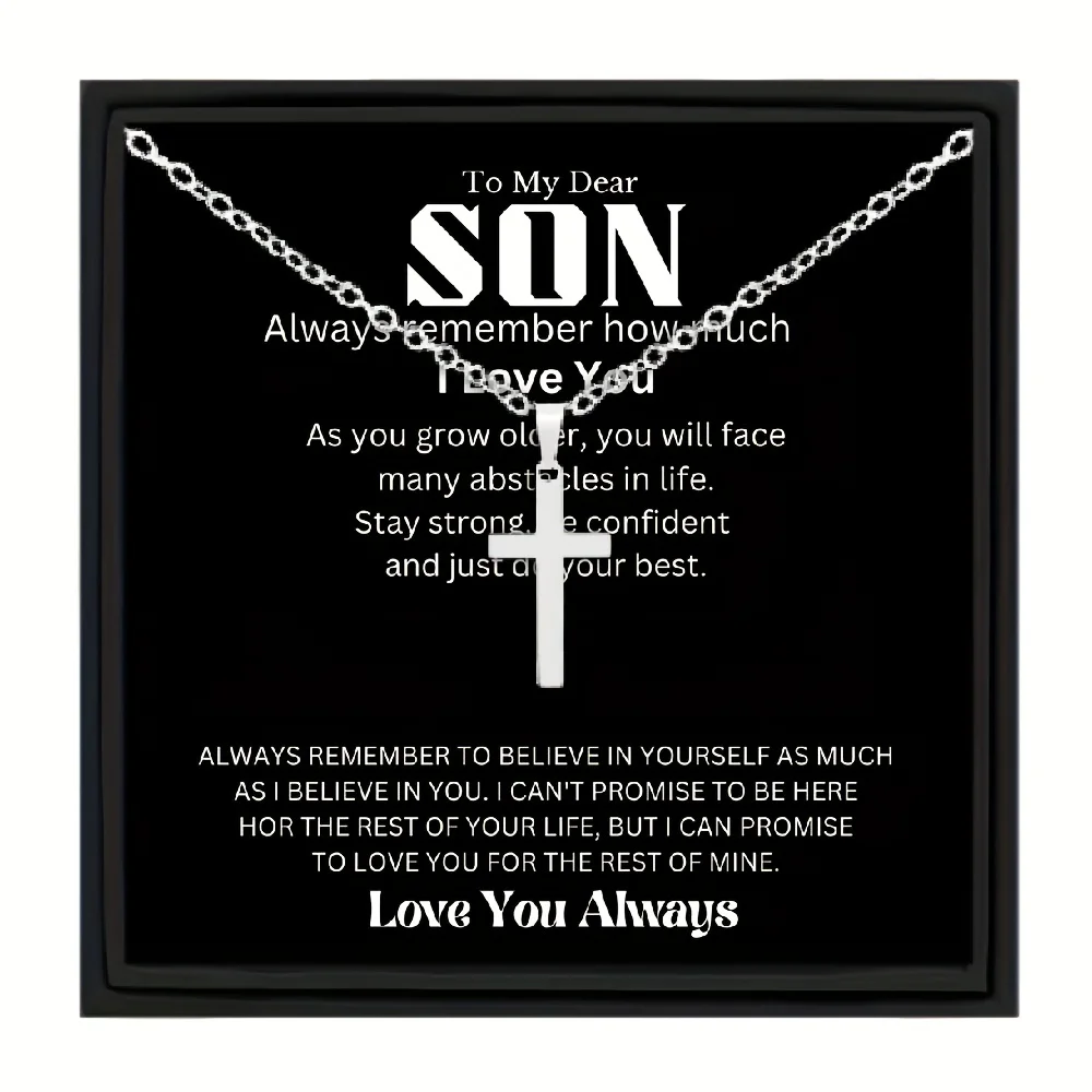 To My Son Cross Necklace For Boys, Birthday Gifts For Son, Silvery Chain Stainless Steel Necklace For Son, Gift For Teen Boys