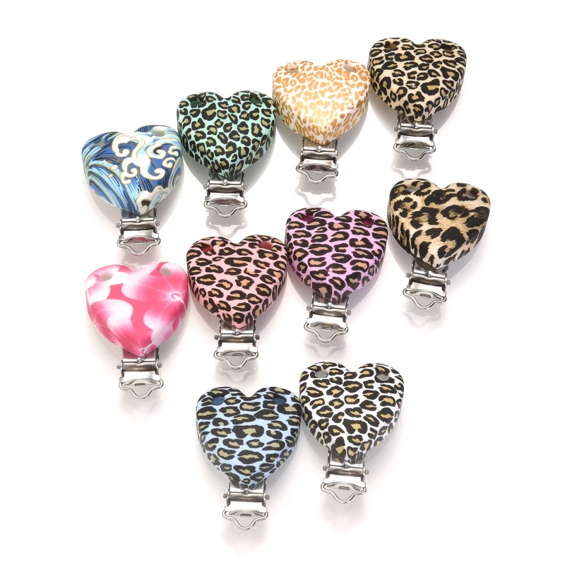 3Pcs 38x50mm Leopard Heart Silicone Teething Clip Food Grade Teether Dummy Holder Clip DIY Baby Soother Pacifier Chain Accessory