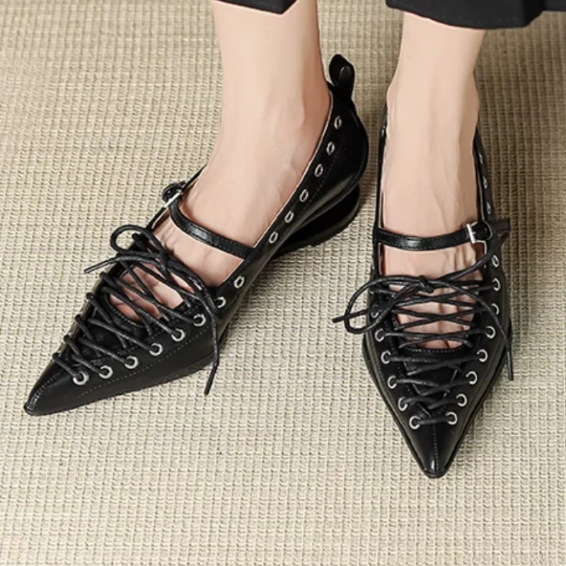 Crossover Strap Shoes for Ladies Pointed Toes Double Heels Shallow Female Ballets Front Strap Womens Solid Chassure Femme Hollow