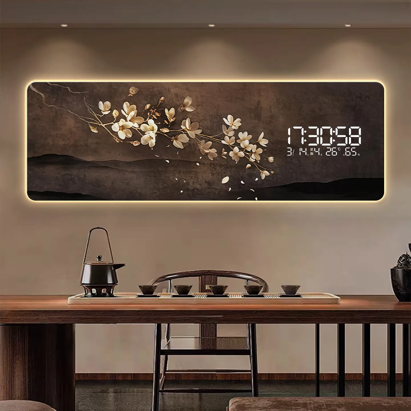 Middle ancient style living room decoration electronic clock background wall hanging painting Song Dynasty aesthetic floral wall