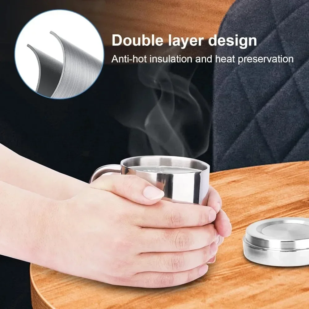 200-400ml Stainless Steel Coffee Double Walled Mugs with Lid and Handle,Metal Coffee & Tea Cup Mug,Camping Travel Office