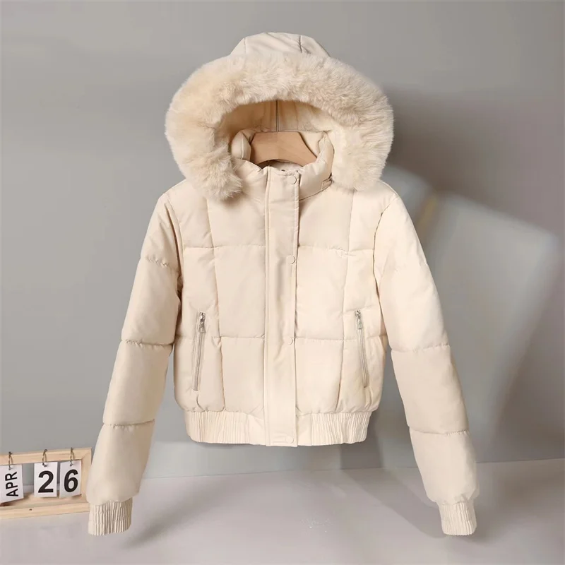 2024 Fashion Winter Short Parkas Women's Cotton-padded Jacket Fleece Liner Hooded Coats Thicken Fur Collar Warm Student Overcoat