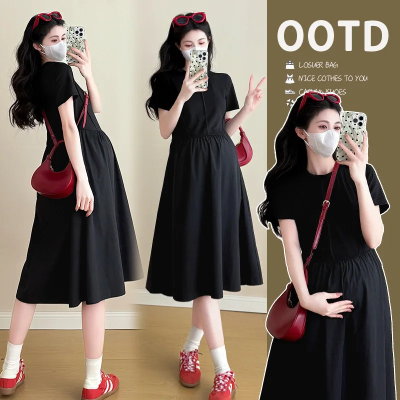 

Pregnant Women's Summer 2025 New Fashionable Slimming Short Sleeved Mid Length Dress