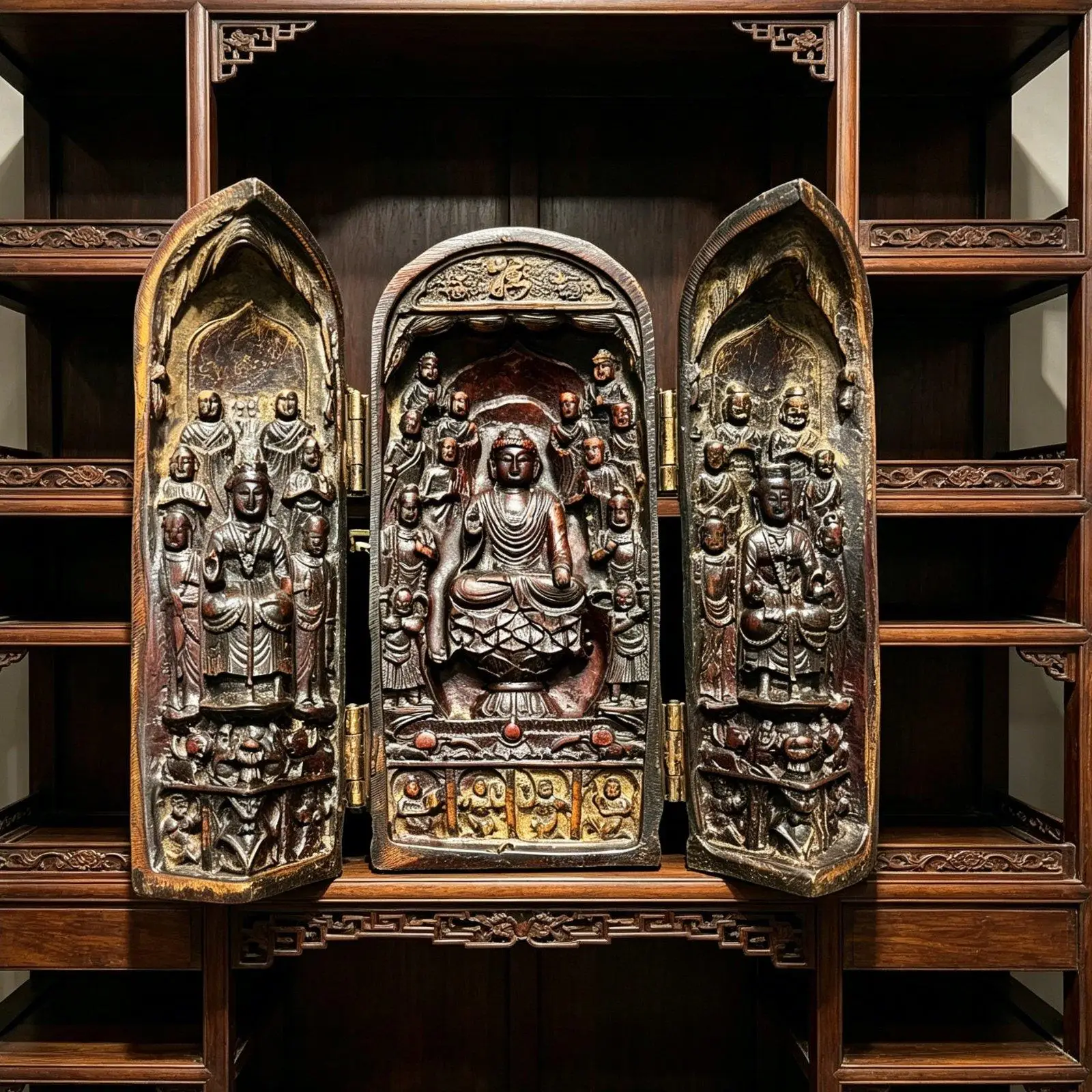 Antique Vintage-Inspired Buddha Shrine Expressive Pattern Triptych Buddha Altar