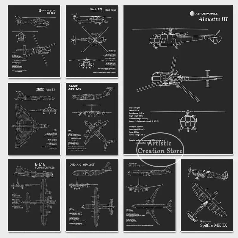 Warplanes Aircraft Helicopter Series Blueprint Posters Prints Canvas Painting Pictures Modern Living Room Minimalist Home Decor